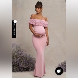 Club London Maternity Dress- Blush Pink Mesh Floral Bardot